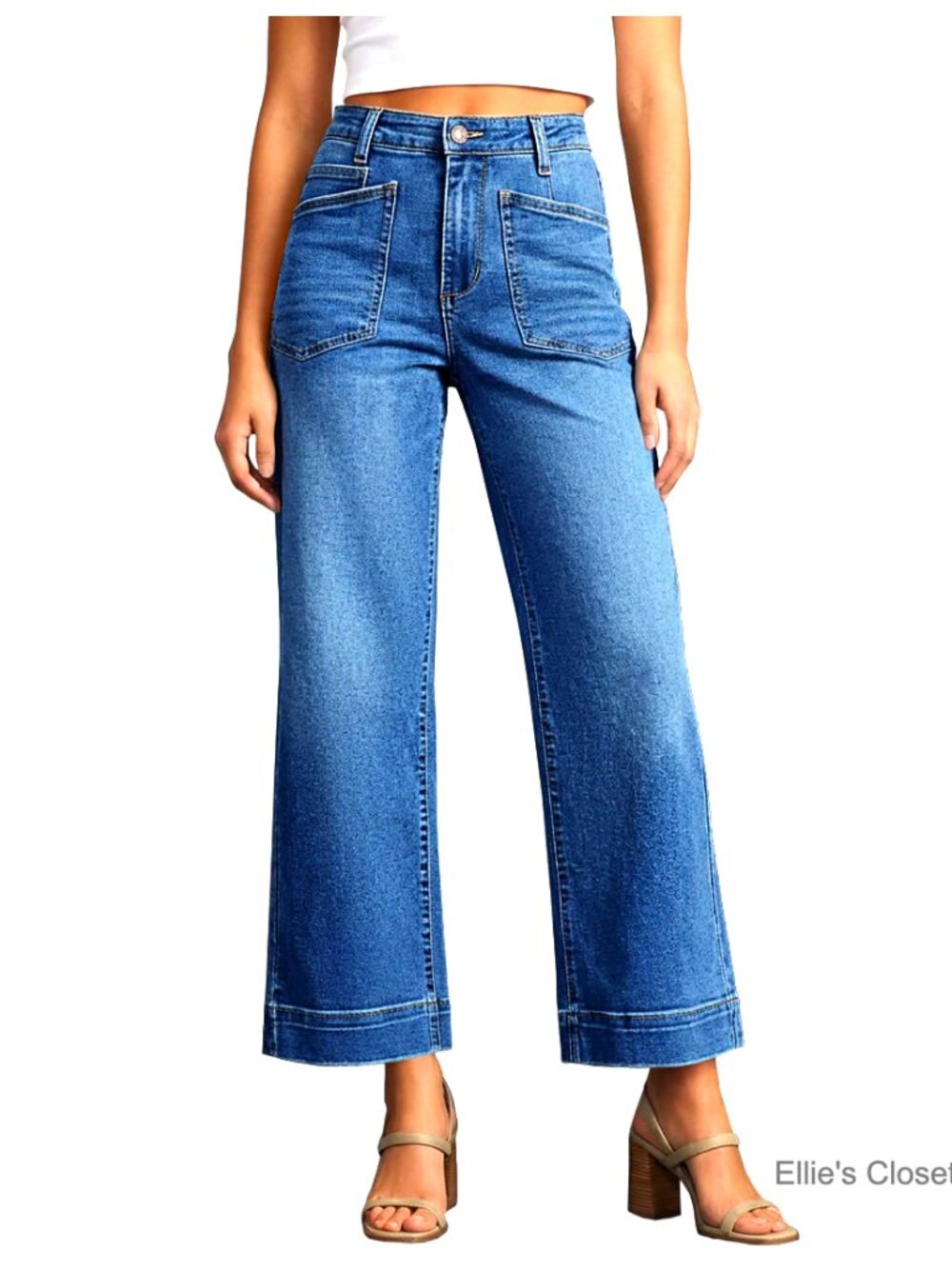 Stretchy High Waisted Cropped Wide Leg Jeans with Pockets